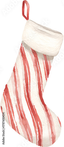 Watercolor christmas stocking with red stripes on transparent background.