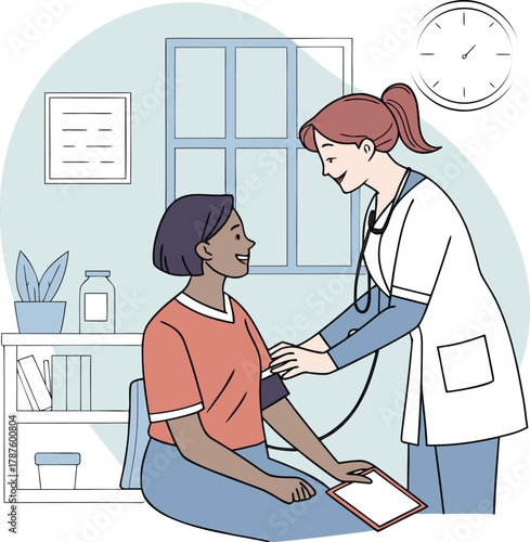 Doctor measures blood pressure to patient in medical office checkup consult with woman using sphygmomanometer health care concept