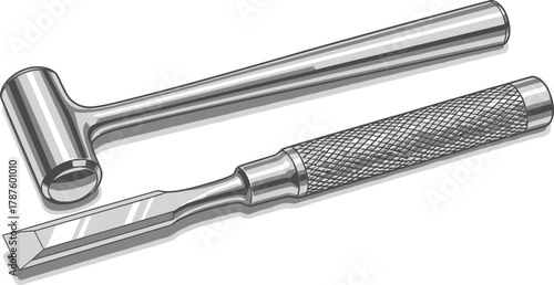 Surgical mallet and chisel stainless steel instruments for orthopedic surgery isolated on white background