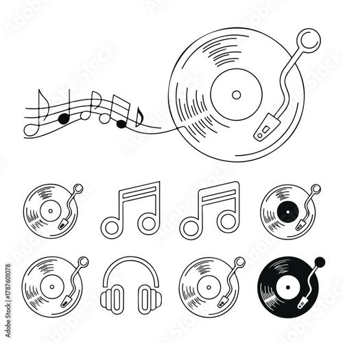  Vinyl Monoline Music Set — Matching Vector Assets