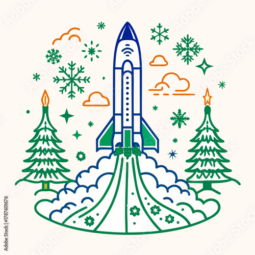 A rocket ship takes off into the sky surrounded by christmas trees