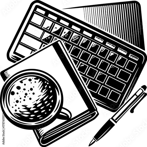 Illustration of a workspace with keyboard, notebook, pen, and coffee