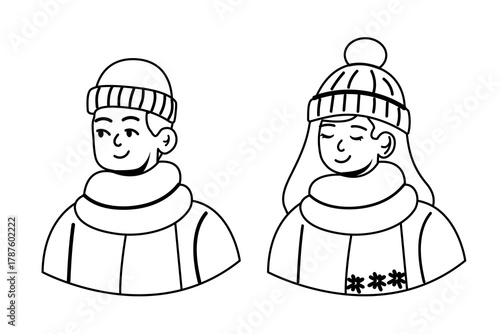 Outline winter portraits of young people wearing warm hats and scarves