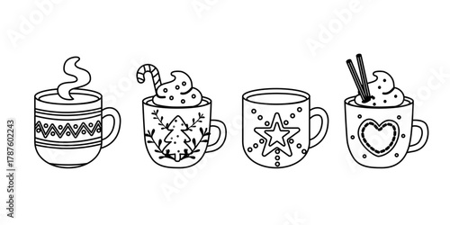 Outline christmas cocoa mugs with whipped cream