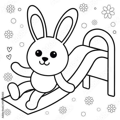 joyful bunny sliding down playground slide coloring page