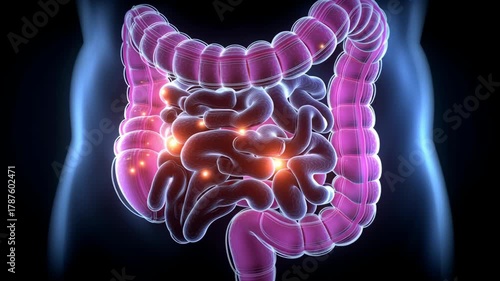 Detailed Visualization of Human Digestive System Exploring Intestines, Digestive Organs, and Areas Affected by Inflammation and Crohn Disease