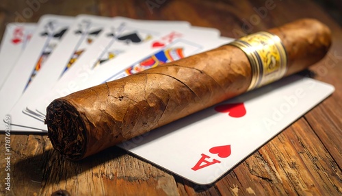 Close-up image shows playing cards fanned out with a large cigar resting atop an Ace of Hearts, with a rustic wooden background