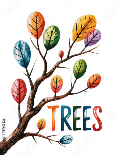 Colorful watercolor tree illustration with vibrant leaves for nature, education, and design projects
