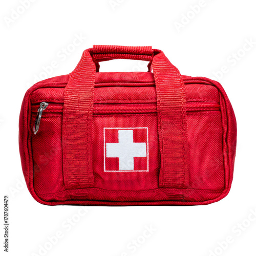 Red first aid kit for emergency response and safety needs on a transparent background, cut out