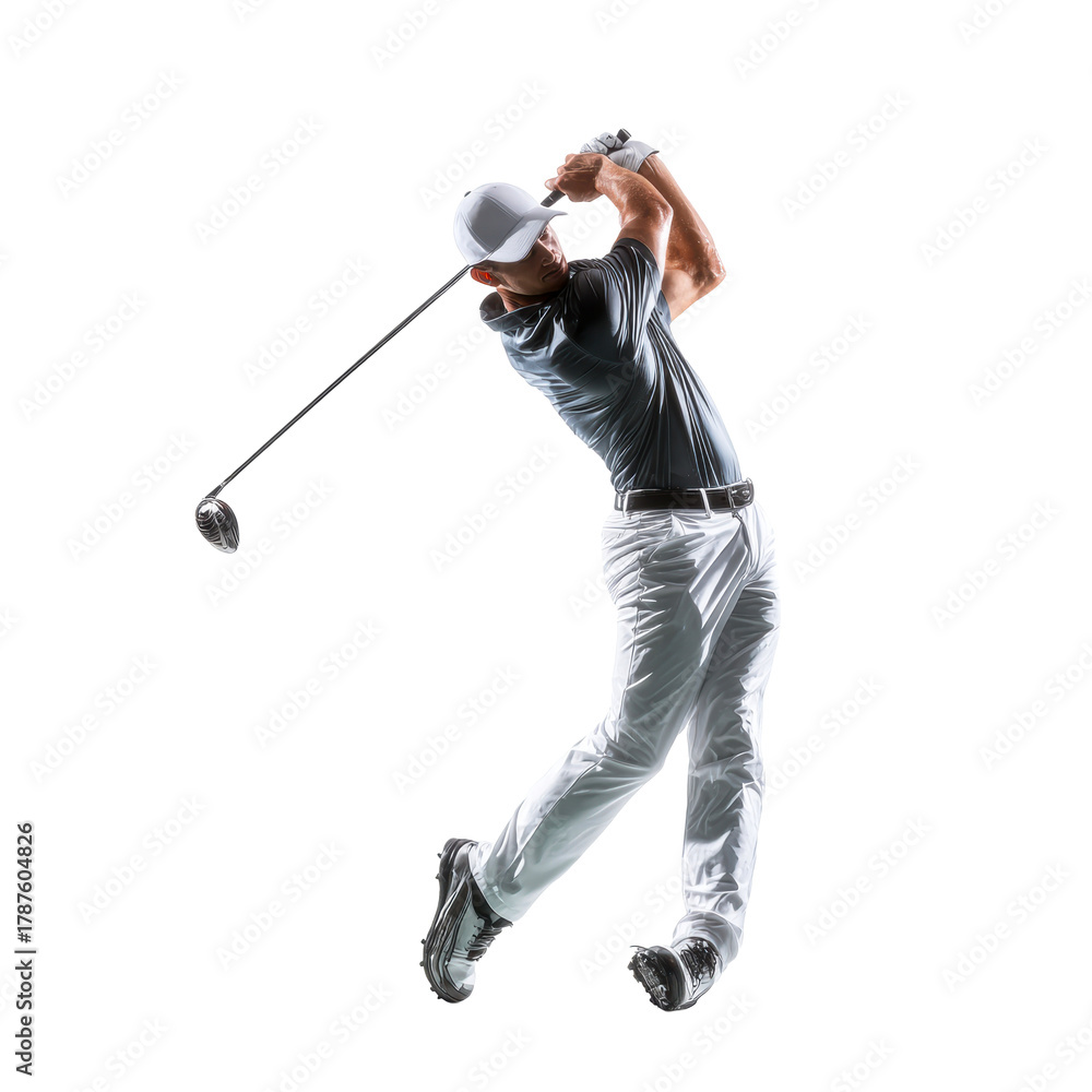 Fototapeta premium Golf player making a powerful swing on the course in sunny weather on a transparent background, cut out