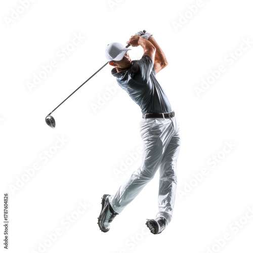 Golf player making a powerful swing on the course in sunny weather on a transparent background, cut out