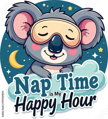 Nap Time Happy Hour Adorable Koala Cartoon Resting on Cloud with Sleep Mask
