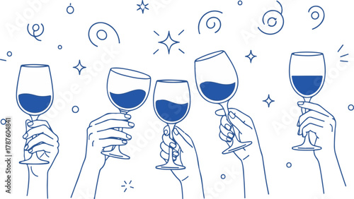 Line Art Toasting Wine Glasses Illustration | Celebration Party Vector Design for Invitations and Festive Social Media Graphics