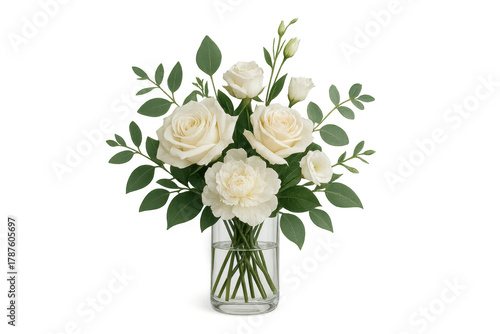 White roses and eucalyptus arrangement in glass vase