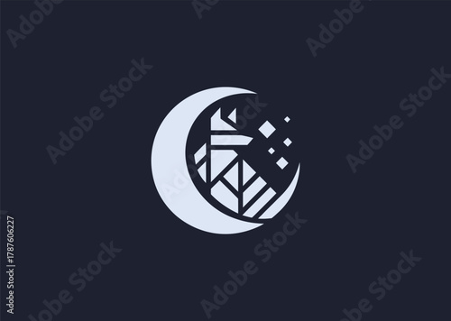A powerful wolf and moon logo in geometric line art style, showing a howling wolf under a crescent moon, symbolizing loyalty, mystery, and wild nature, created as a sleek modern vector design