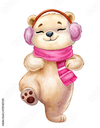 Adorable Watercolor Bear Wearing Pink Scarf And Earmuffs, Winter Animal Illustration, Cozy Holiday Character Art For Christmas Cards And Kids Prints
