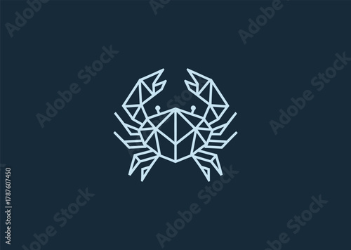 A minimalist crab logo in elegant line art style, featuring clean symmetrical curves and sharp claws, symbolizing strength, balance, and resilience, designed as a creative modern vector concept