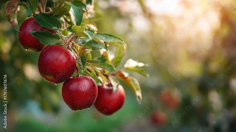 Obraz premium Red apples with water drops hanging on a tree branch in an apple orchard. Harvest season agricultural product background.