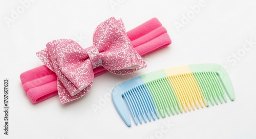 A pink glittery bow headband and a colorful comb