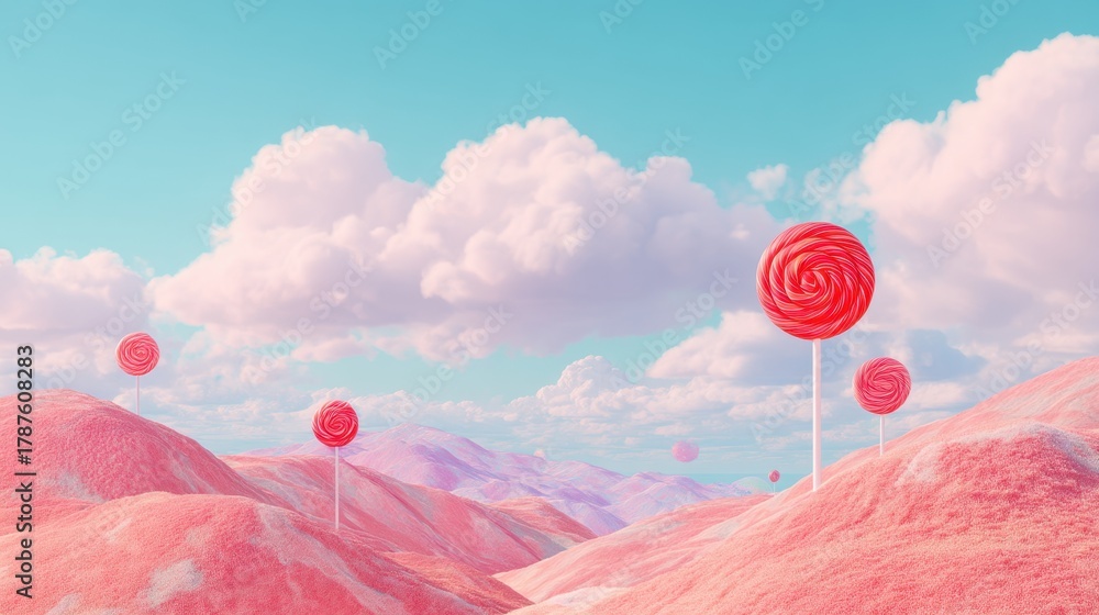 © backup_studio - Pink candy land with huge lollipops standing on sugary hills under a pastel sky. Sweet fantasy landscape for childrens designs.