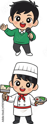 Cartoon singer with microphone and creative chef holding paintbrush and food, cute vector illustration of artistic professions on white background