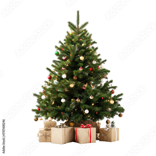 Christmas tree decorated with ornaments and presents under it on a transparent background, cut out