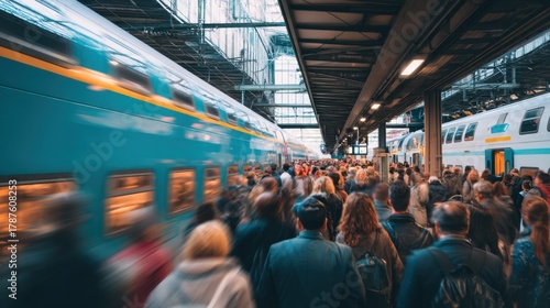 Crowd of people on a train station platform as a blue train passes. Busy urban commuting and travel concept with motion blur.