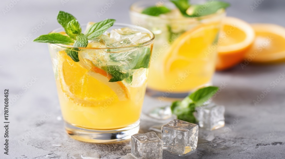 Fototapeta premium Refreshing summer drink with orange and mint leaves. Cold citrus beverage. Fresh cocktail with ice cubes for hot day and party.