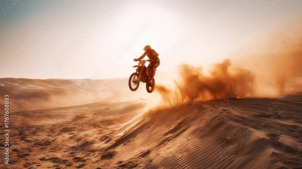 Fototapeta premium Man riding motocross bike jumping over a sand dune in desert, creating dust trail. Extreme sport and adventure concept for competition.