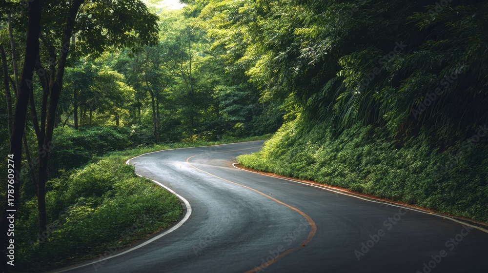 Obraz premium Winding asphalt road through a lush green forest. Scenic drive travel route lined with trees. Nature landscape background for journey.