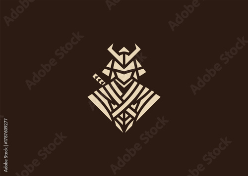 A detailed ronin logo in minimalist line art style, depicting a lone samurai warrior with flowing robes and katana, representing honor, freedom, and solitude, designed as a bold vector illustration