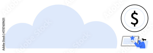 Cloud, dollar sign inside a circular frame, user typing on a digital screen with a star. Ideal for cloud computing, finance, digital services, online collaboration, data management, e-commerce