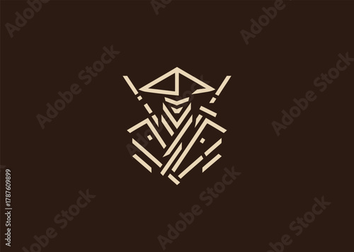 A detailed ronin logo in minimalist line art style, depicting a lone samurai warrior with flowing robes and katana, representing honor, freedom, and solitude, designed as a bold vector illustration