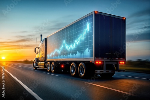 Truck driving on highway with digital graph on trailer, concept of smart logistics and real-time transportation analytics
