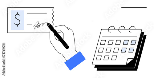 Hand holding pen writing on check with calendar nearby, representing financial planning, payment scheduling, deadlines, personal finance, organization, time management, commitments, simple flat