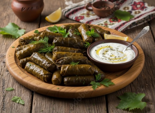 Delicious Dolma: Stuffed Grape Leaves with Creamy Yogurt Sauce, a Traditional Mediterranean Delight