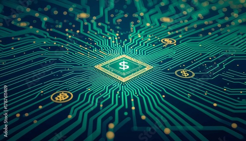 A stunning visual of futuristic digital finance on an abstract circuit board, representing blockchain technology and investment innovation