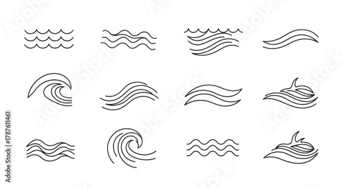 Collection of various black outline wave icons and symbols representing water movement and ocean currents.