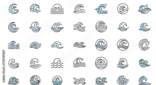 A collection of various wave icons and logos in line art style with blue accents, depicting different forms of ocean and water movement.