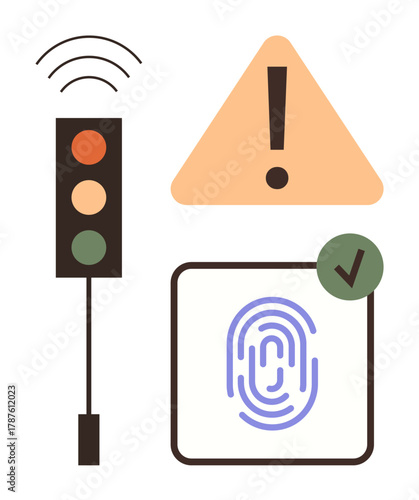 Traffic signal icon, warning triangle with exclamation mark, fingerprint scanner with checkmark. Ideal for technology, security, biometrics, alerts, safety procedures, access control simple flat