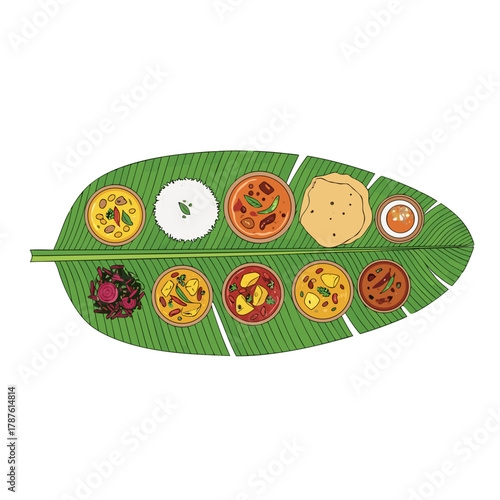 South Indian thali served on banana leaf with various dishes