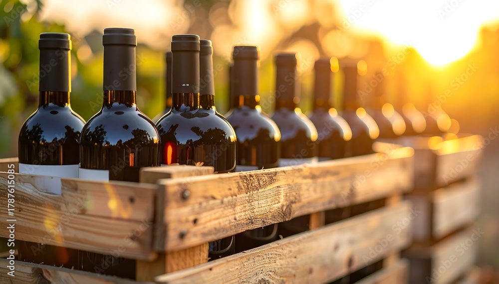 Fototapeta premium Bottles of Red Wine in Wooden Crates at Sunset.