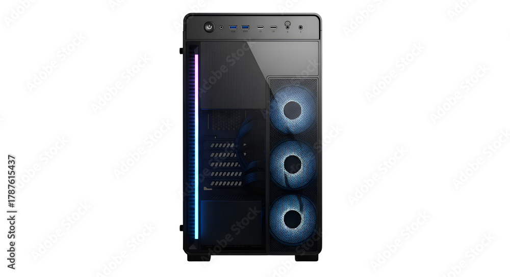 Fototapeta premium Modern black computer case with glass panel and blue LED fans.