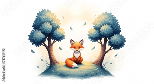 Adorable Fox in Dreamy Watercolor Forest Illustration Playful Fox Art for Kids Cute Fox Design for Nursery Decor Whimsical Forest Animal Art Fox Lover Gift Idea