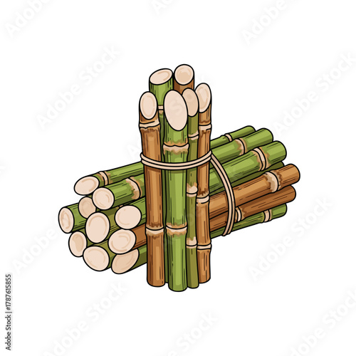 Bundled sugarcane stalks tied together in a natural style  