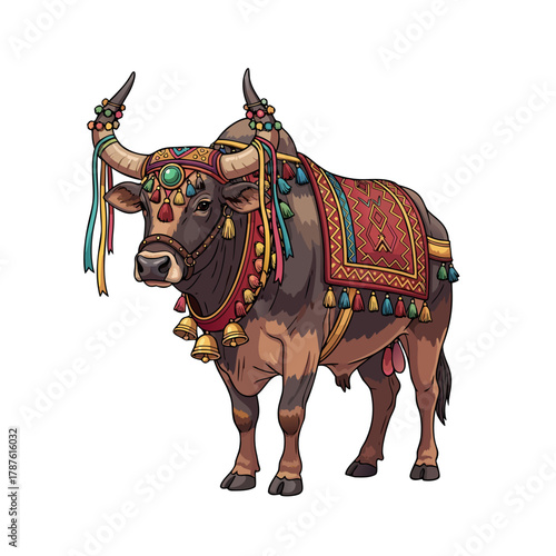 Decorated bull standing with colorful accessories and traditional blanket  