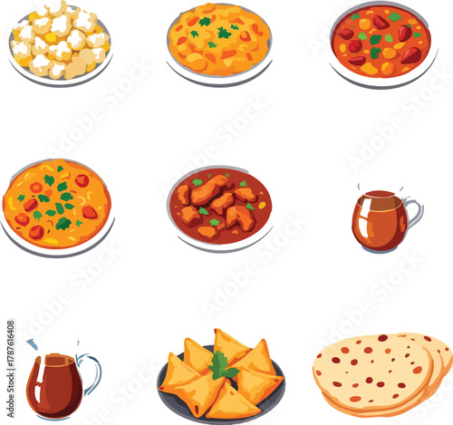 Indian food icon set with paneer, dal, rajma, chicken curry, chai, samosas, and naan in colorful 3x3 grid