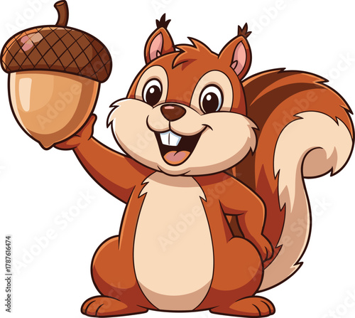 Cartoon squirrel with big acorn, smiling face, bushy tail, cute forest animal vector clipart for nature and educational design