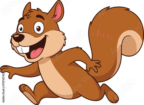 Cartoon squirrel leaping forward with cheerful smile, bushy tail and playful pose for children’s forest animal vector illustration design