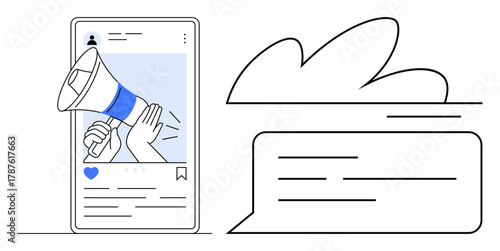 Tablet screen displaying social media post featuring megaphone for message amplification. Speech bubble highlights digital conversation. Ideal for marketing, advertising, communication, promotion